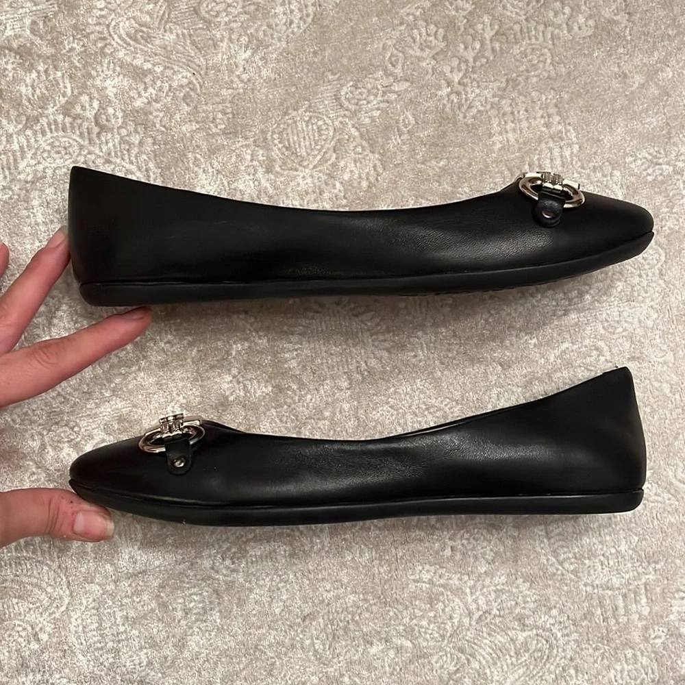 Brand New Kate Spade Genuine Leather Black Flats Slip On Shoes Silver Tone Logo